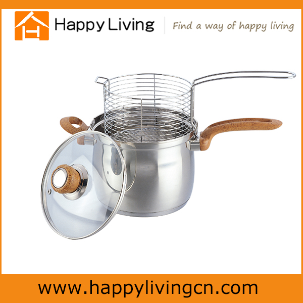 Stainless Steel Chip Pan With Basket,Glass Lid And Capsulated Bottom