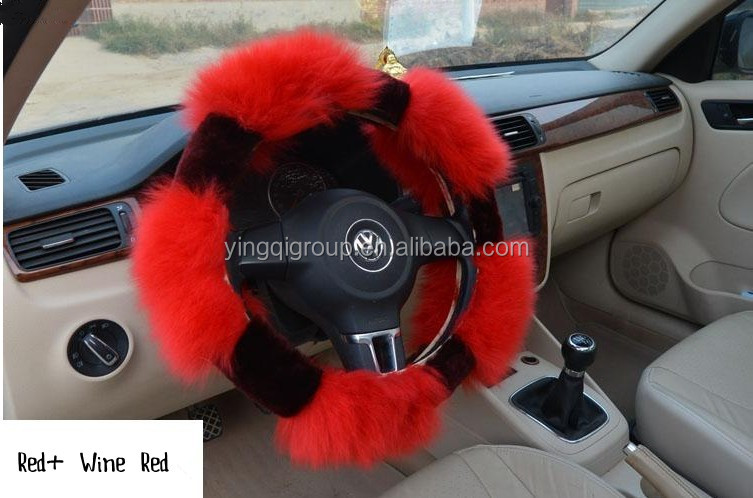 オーストラリアのシープスキン、 長い髪のヤギの毛皮の車のステアリングホイールカバー、 卸売プロのカスタマイズされた、 任意の色、 red+black、 as0401-2問屋・仕入れ・卸・卸売り