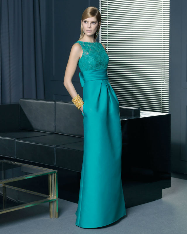 新しいスタイルの高品質2014年エレガントなa- ラインスカラップフロア- 長さのサテンとレースのgrenn長い正式なウエディングドレスのイブニングdred0253問屋・仕入れ・卸・卸売り