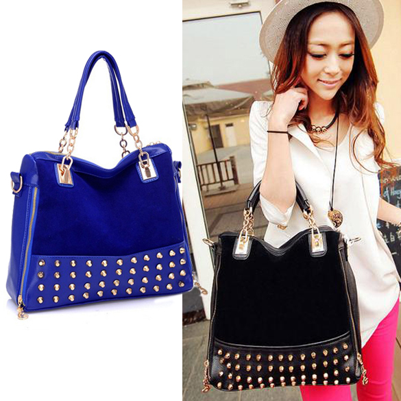 Korea Style Women's PU Leather Split Joint Rivet Handbag Shoulder