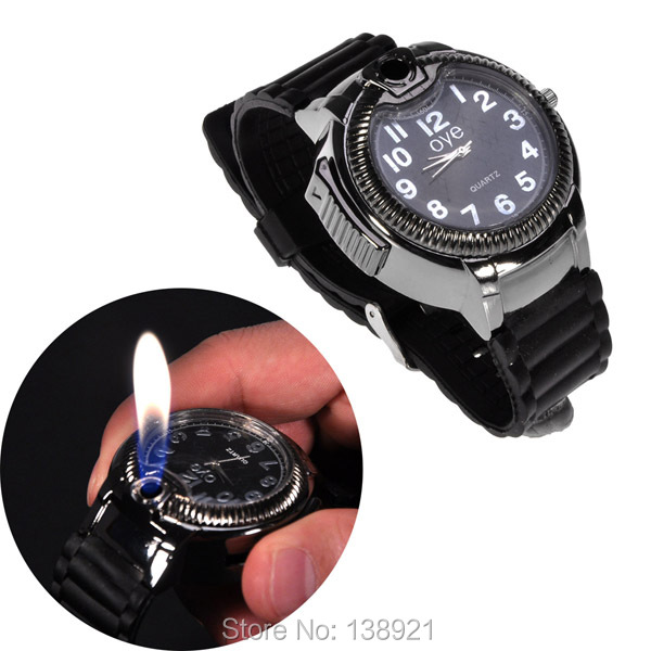 Novelty 2-in-1 Butane Silica Strap Quartz Wrist Watch Gas Refillable Butane Cigarette Lighter Torch Men\\\'s Christmas Birthday Gift-Black (2)
