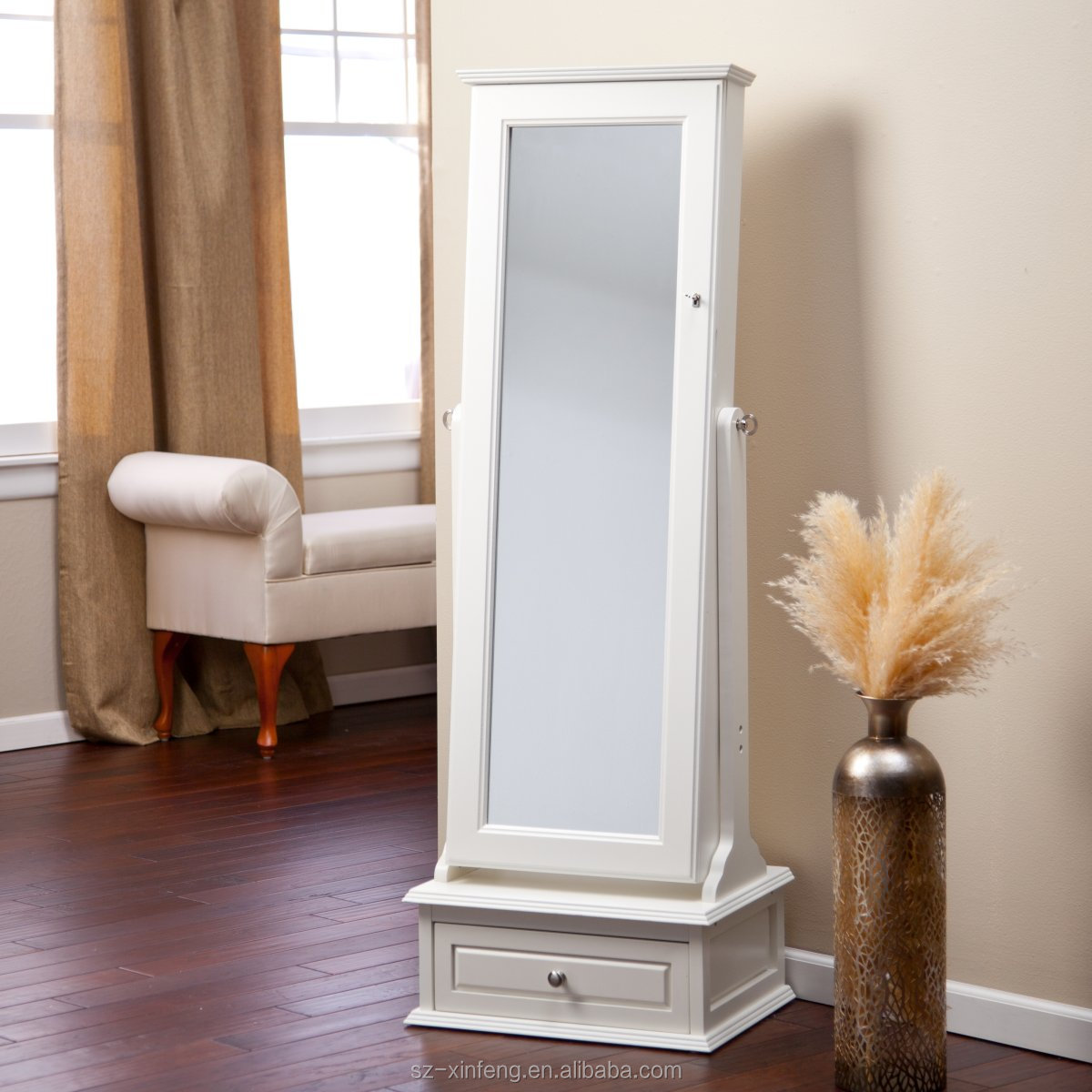 Transitional Cheval Mirror Locking Jewelry Armoire With Base