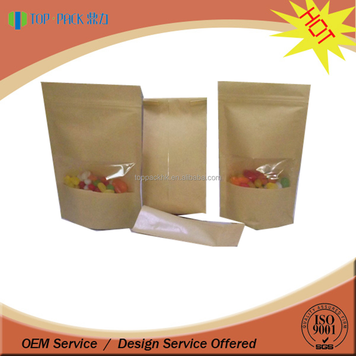 Snack kraft paper bag/ kraft paper bag with window/Doypack standing up plastic kraft paper tea bag