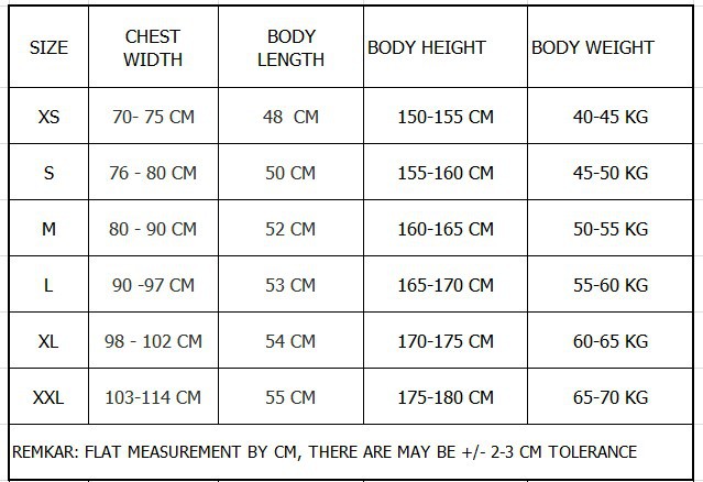 SIZE CHART FOR 1001 VEST