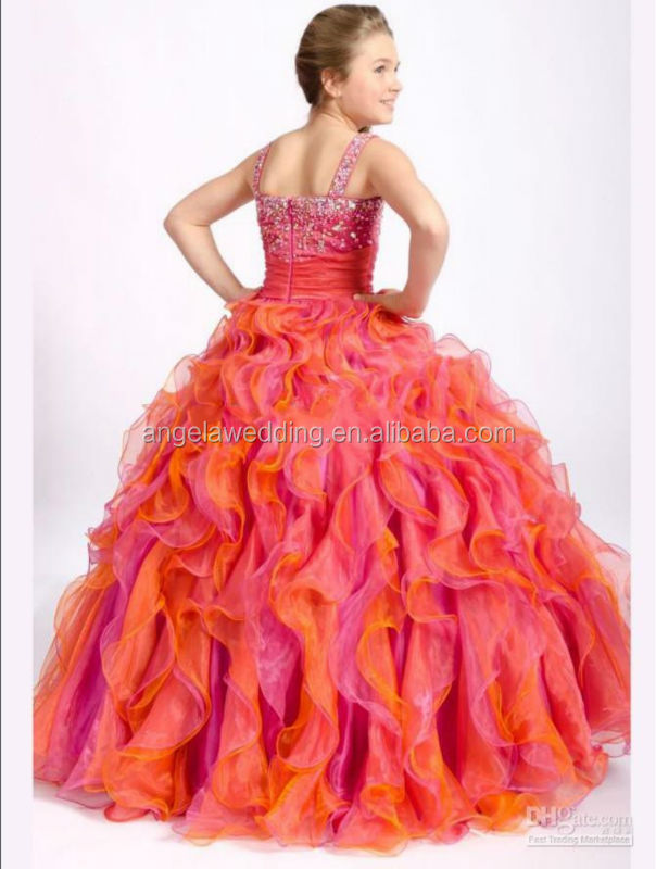 素晴らしいボールオレンジfl092衣装はフリルビーズフロア長さのフラワーガールのドレスのページェント問屋・仕入れ・卸・卸売り