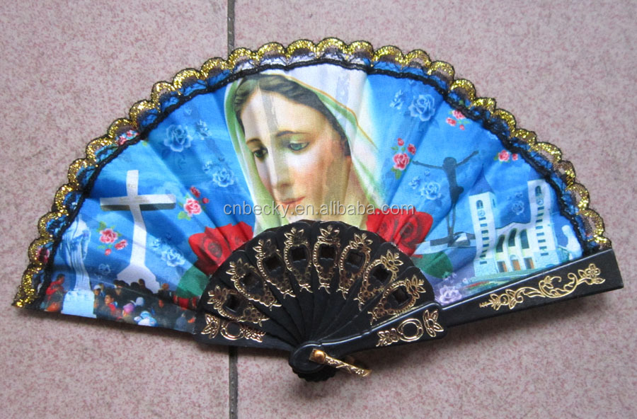宗教的な高品質のカラフルな聖母マリア美しい手扇子プラスチック仕入れ・メーカー・工場