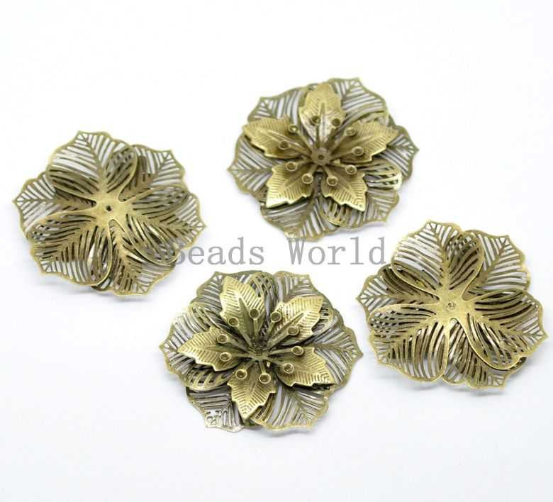 10 Bronze Tone Filigree Flower Wraps Connnector Embellishments Findings 49x45mm 