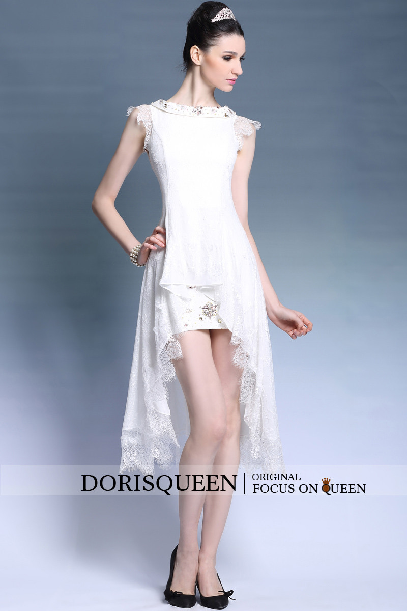 メーカーを着用する準備dorisqueen2014年新着の膝丈ウェディングミニイブニングhigh_lowビーズの白いレースのカクテルドレス問屋・仕入れ・卸・卸売り