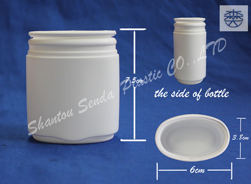 custom made oval shape HDPE plastic chocolate candy bottle/jar, HDPE chewing gum bottle with tear off cap 120ML
