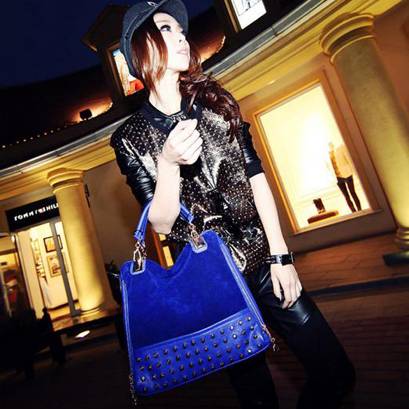 Korea Style Women's PU Leather Split Joint Rivet Handbag Shoulder