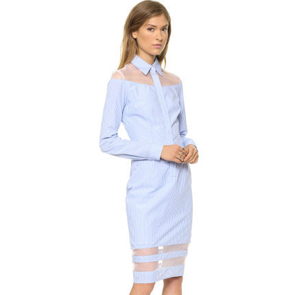 Women Cotton Blue Stripe Perspective Long Sleeve Office Dresses for Wholesale Haoduoyi