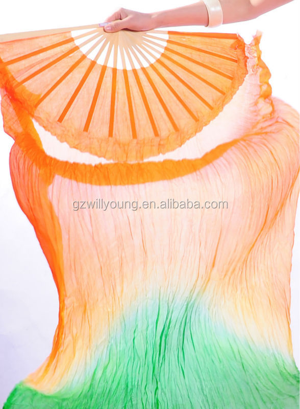 100％の中国の絹のベリーダンスファンのベール、 オレンジ- 緑、 180cm、 本当の絹ファンベリーダンス問屋・仕入れ・卸・卸売り