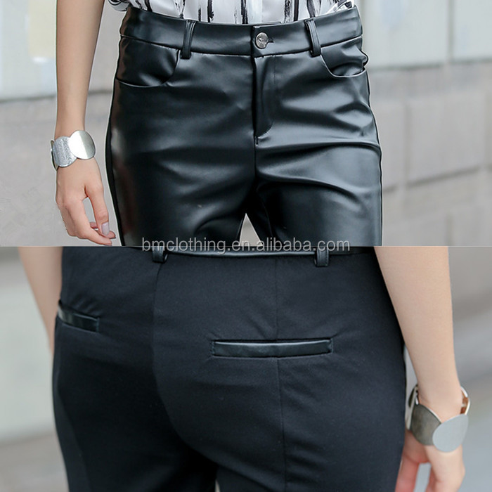 新デザインのフロントレザーバック織布の女性のフォーマルな黒のための鉛筆のズボンパンツレディース女性oemのオフィスのズボンのズボン仕入れ・メーカー・工場