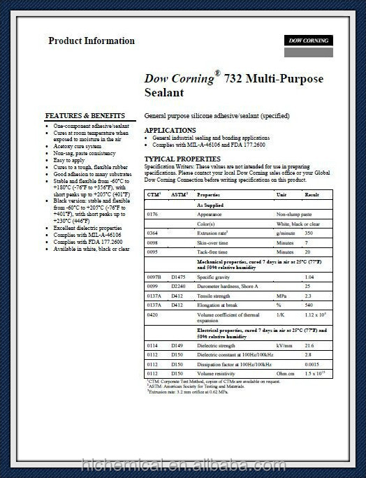 MultiPurpose Silicone Sealant Dow Corning 732, View Dow Corning 732