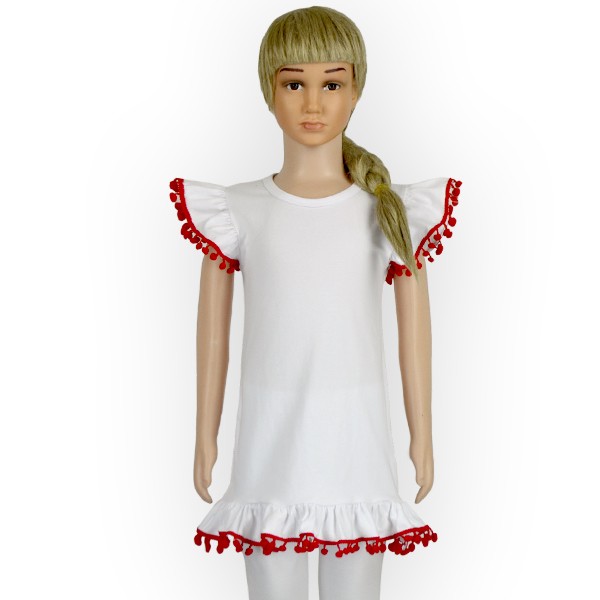 夏の感謝祭純粋な白100%綿フリルスリーブ付き赤髪ボールトップ用キッズ女の子服仕入れ・メーカー・工場