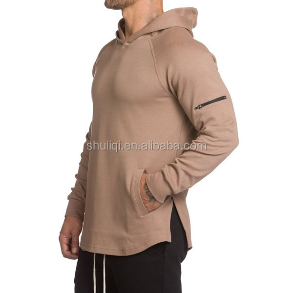 Gym Fitted Longline Hoodie Mens Curved Hem Long Tops Muscle