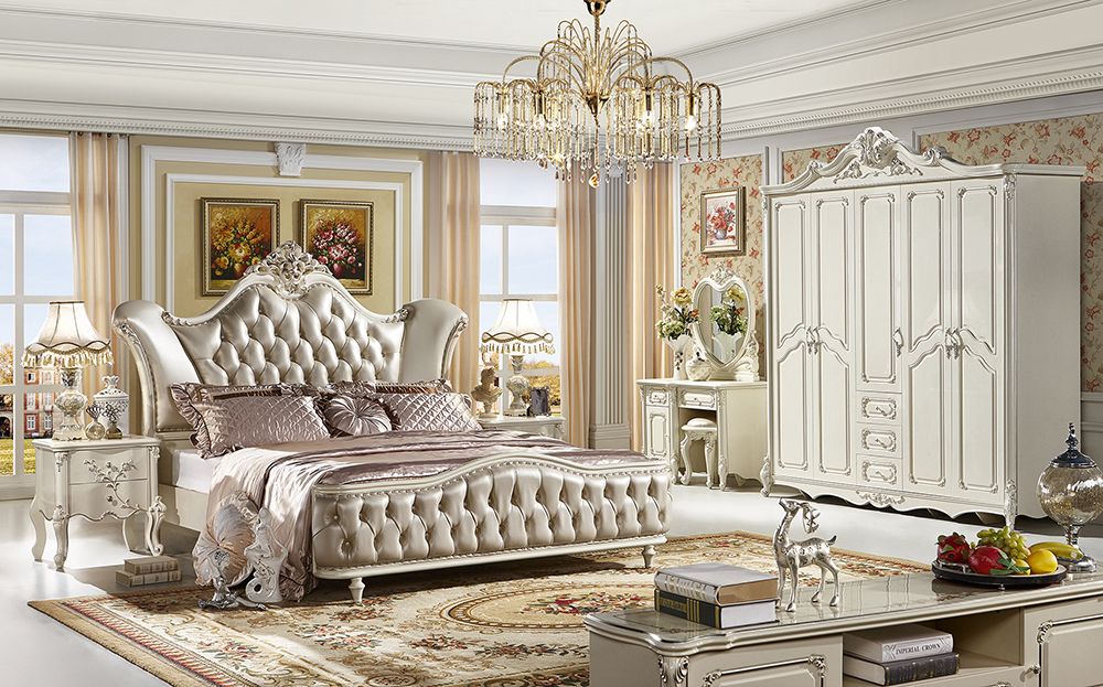 French Style Carved Flower Solid Wood White Bedroom Furniture Sets