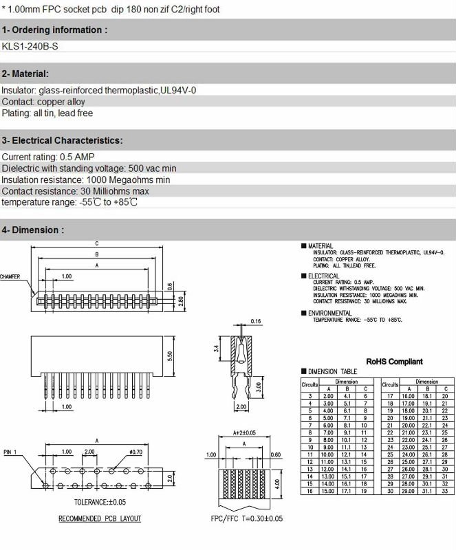 Ffc1.0mm/非ziffpcコネクタ付きのダブルコンタクトトップエントリータイプulcerohs指令345678101214161820kls1-240b30ピン仕入れ・メーカー・工場