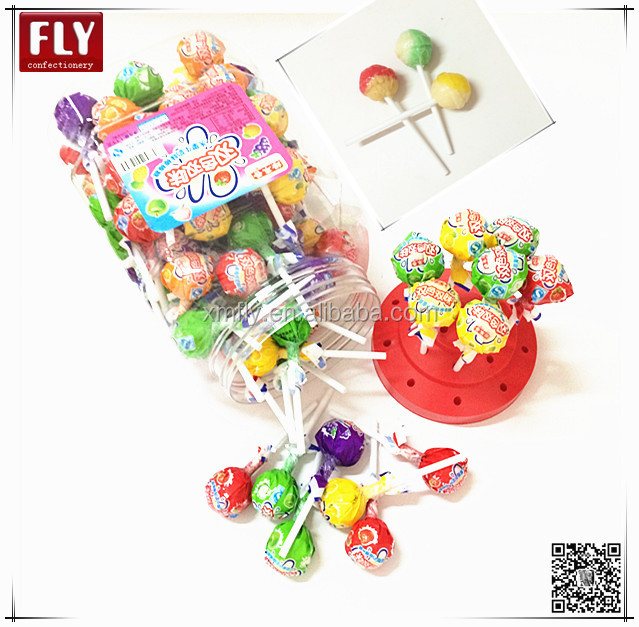 display jar packed assorted fruit flavor two colored stick ball lollipop candy