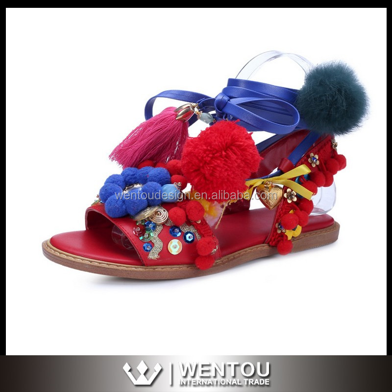 ホット販売革タッセルpom pomサンダル仕入れ・メーカー・工場