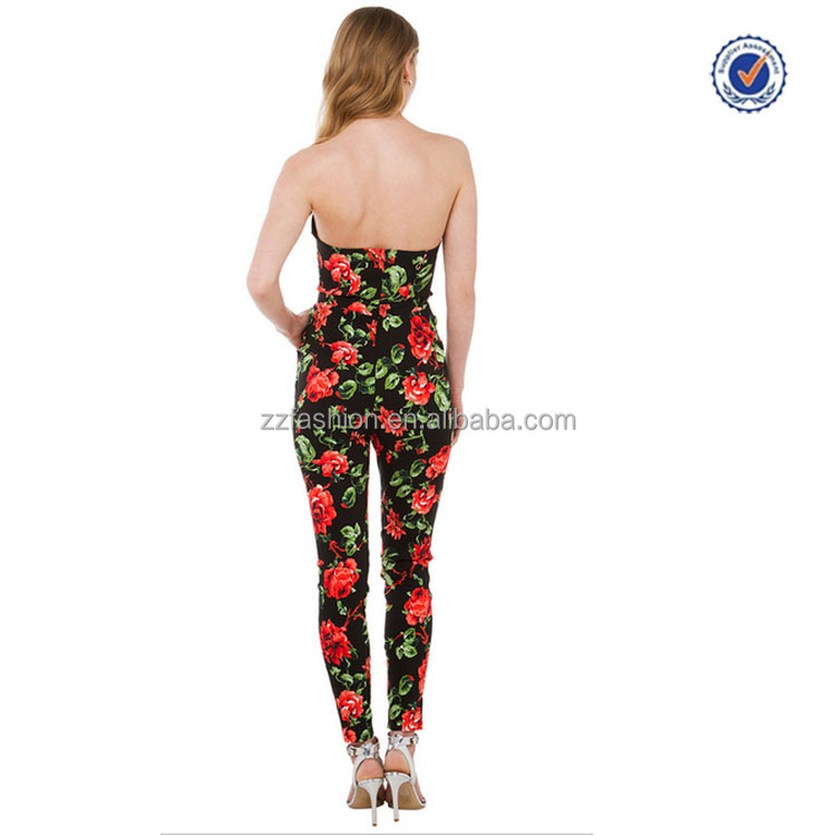 東莞2016衣類ガーデンライフ花の印刷されたvカットのネックラインストラップレスの黒の女性ジャンプスーツ仕入れ・メーカー・工場
