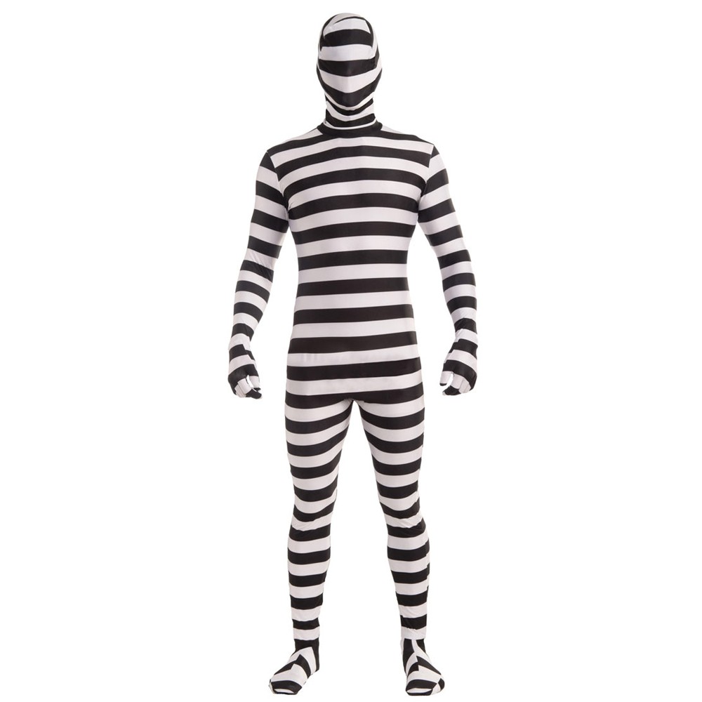 白と黒の縞模様大人ックスライクラモーフスーツタイツハロウィンスパンデックス男性囚人ボディスーツ衣装仕入れ・メーカー・工場
