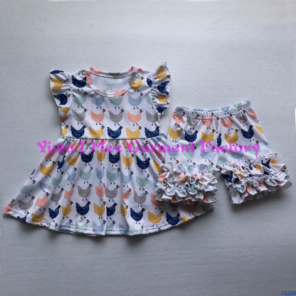 CS292かわいい女の子ブティック夏衣装子供チキン柄フラッタースリーブドレスとアイシングショーツ服セット仕入れ・メーカー・工場