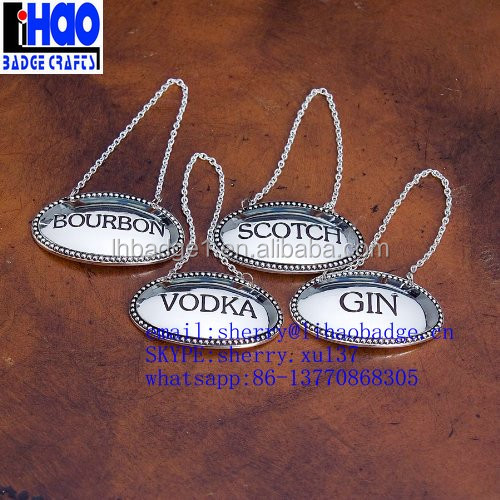 Bulk Silver Custom Cheap Metal Bottle Liquor Decanter Label Tag Hangtag