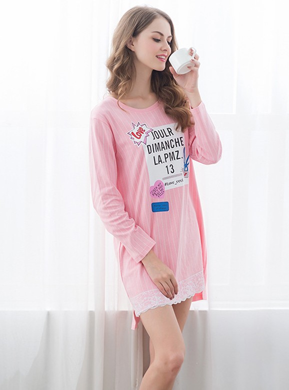 かわいいロングスリーブピンク印刷手紙100%コットン良い品質トップドレスネグリジェと普段着用日常生活仕入れ・メーカー・工場