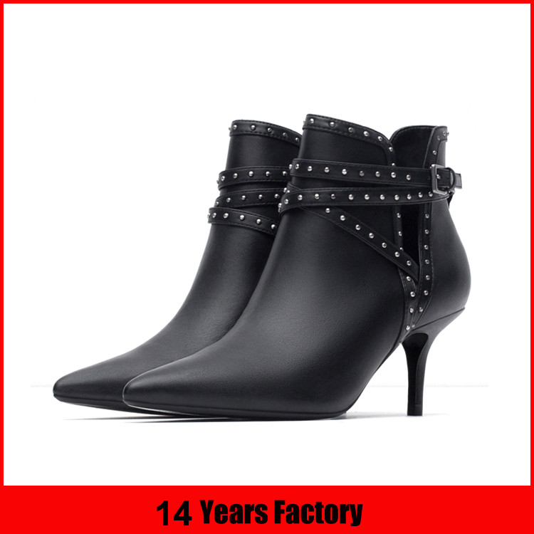 hot sale black leahter rivet thin heel women boots
