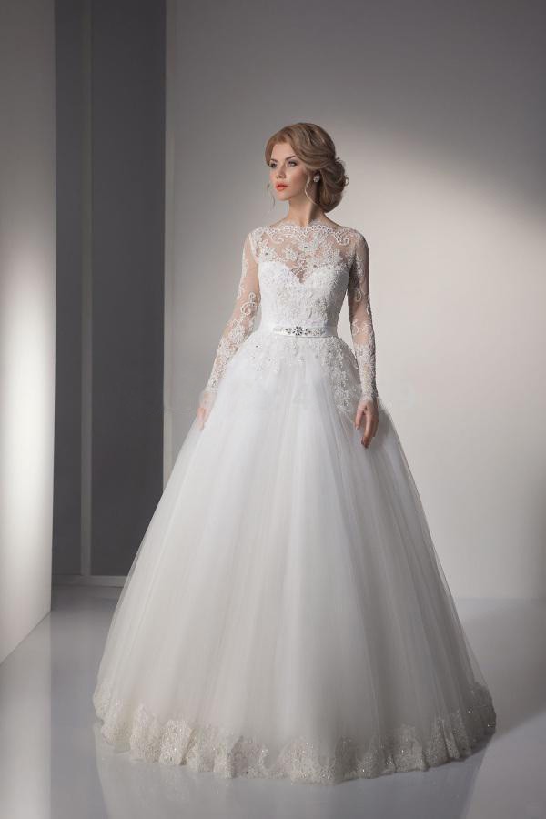 Fashion Pretty Tulle Cheap Chinese Bridal Gown Long Sleeve High