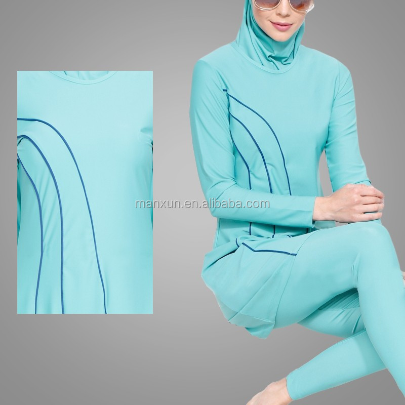 2016新しいデザインの女性水泳服100%ナイロン全身スカイブルーイスラム水着卸売イスラム教徒水着女性仕入れ・メーカー・工場