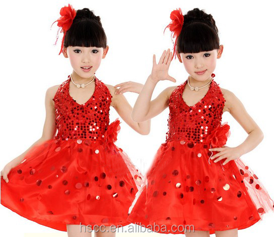 新しいデザインのスパンコールのパーティードレスvネック美しい学校の女の子のダンス服のダンスの衣装問屋・仕入れ・卸・卸売り