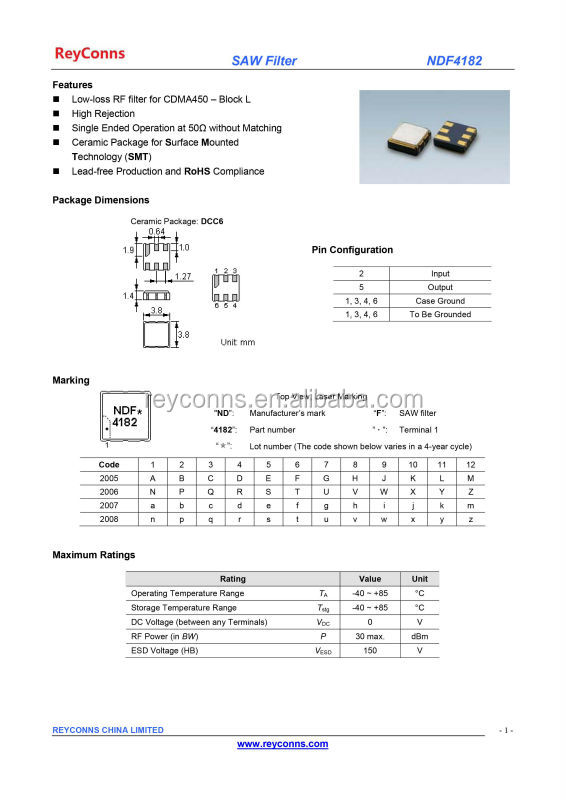 Reyconnsndf4182cdma450412.5mhzのブロックl3.8*3.8mm/dcc6smdセラミックケース/5mhzの帯域幅/2.0db挿入損失仕入れ・メーカー・工場