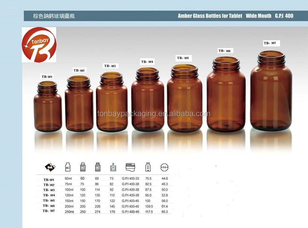 広口アンバー60ml-250mlタブレット用ガラスボトル問屋・仕入れ・卸・卸売り