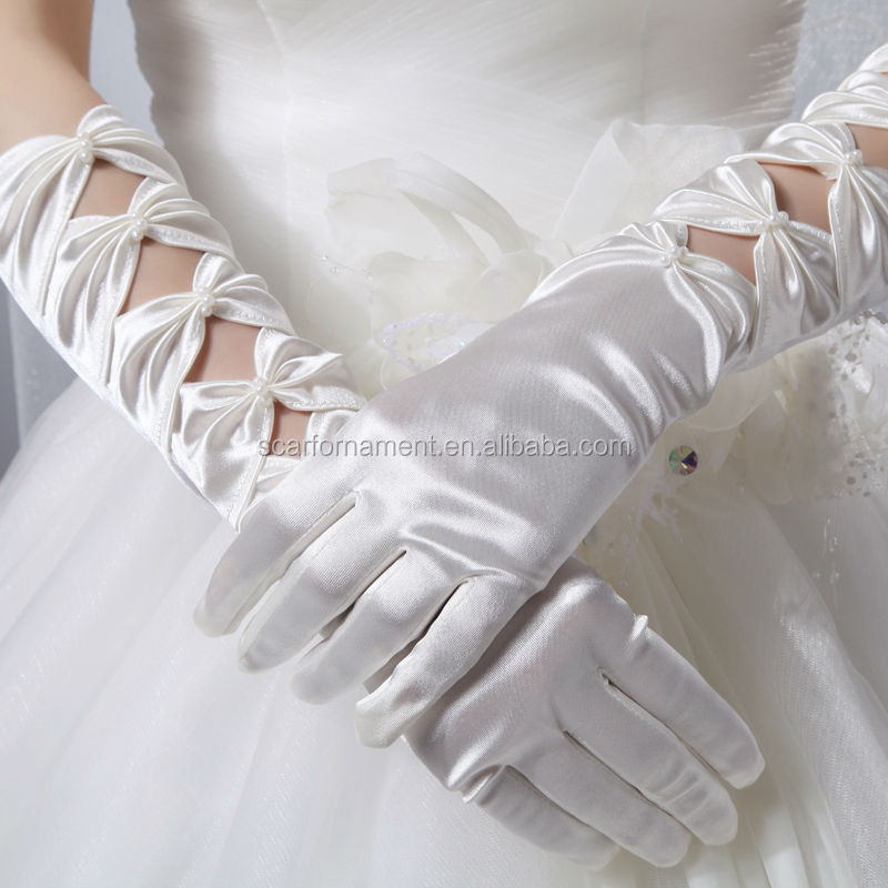 エレガントなファッションの弓2014年5フルフィンガー夕方のサテンの結婚式の手の手袋、 卸売パールビーズのブライダル手袋仕入れ・メーカー・工場