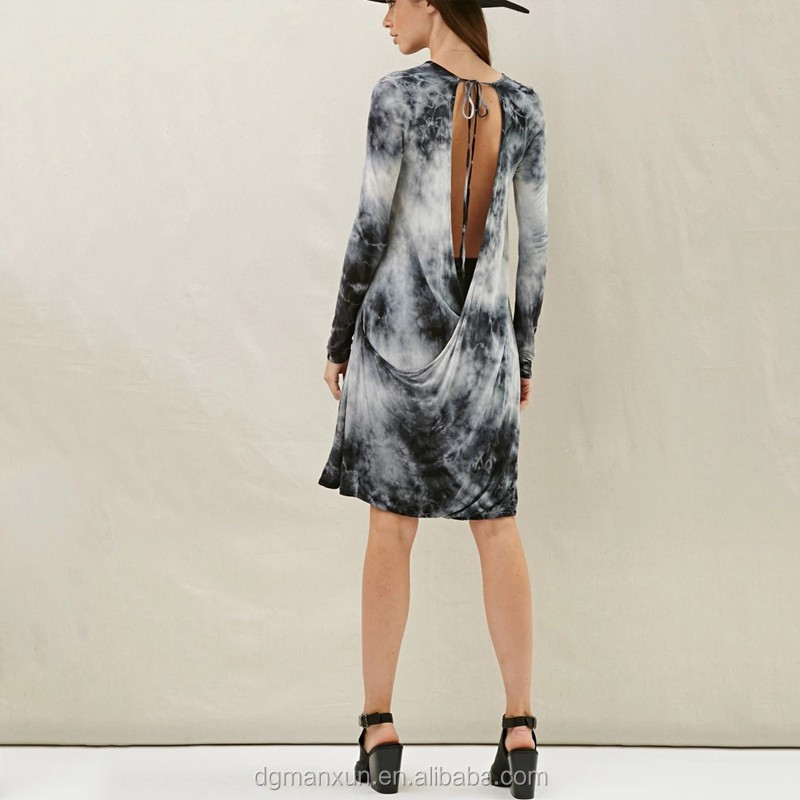 Tie Dye Tunic Dress Long Sleeve Ruffle Tunic Soft Dress With Cutout Detail On Back Backless T-shirt