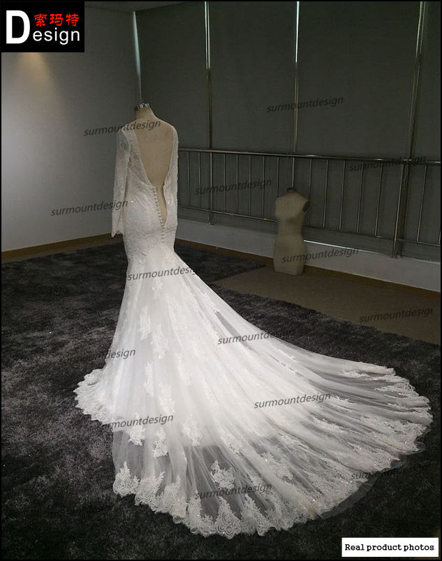 カスタムメイド克服の現実の姿の床の長さラウンドネック背中が大きく開い長い袖の人魚のウェディングドレス2015仕入れ・メーカー・工場