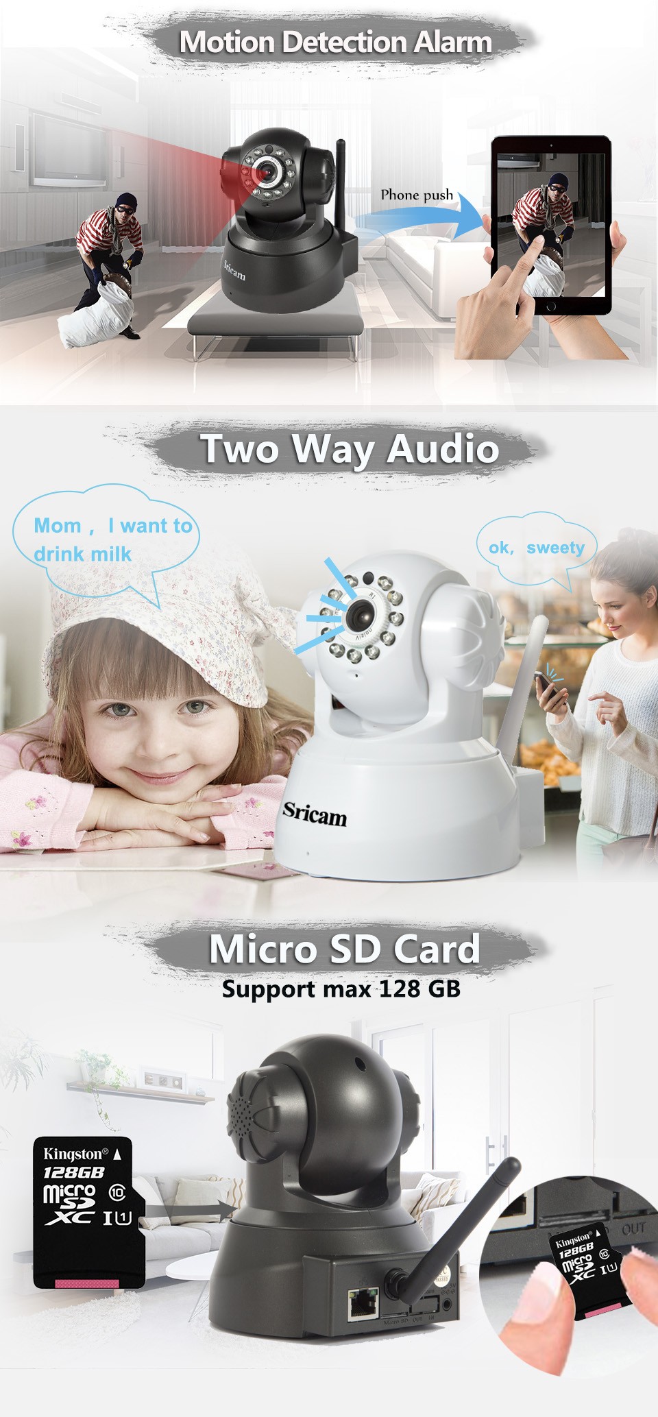 Sricam Sp012 Wireless 128g Voice Record Pantilt Ip Camera