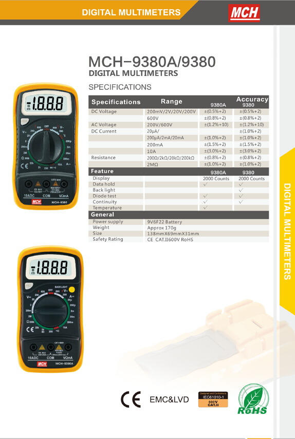 Mch-9380a/9380デジタルマルチメータ、 ac/dc電圧、 dc電流、 2000カウント問屋・仕入れ・卸・卸売り