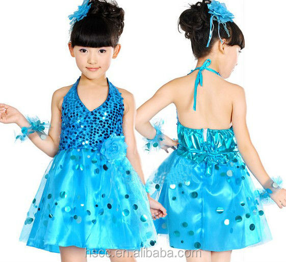 新しいデザインのスパンコールのパーティードレスvネック美しい学校の女の子のダンス服のダンスの衣装問屋・仕入れ・卸・卸売り