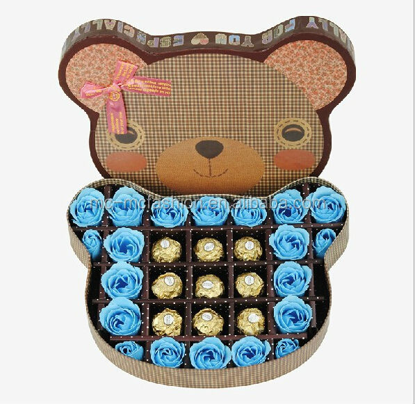 red soap rose artificial flowers with bear shaped gift box