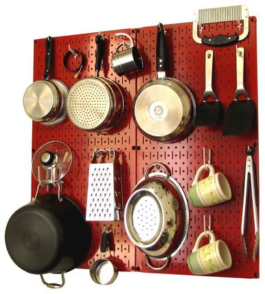 Kitchen Pegboard Organizer Kit Pots & Pans Rack - red Pegboard & Blue Hooks (2).jpg