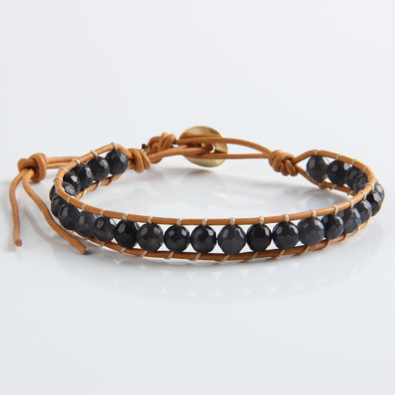 Mesielldp Leather Bracelet Men Women 1 Layer Natural Stone Bead Bracelets & Bangles Leather Beaded Bracelet with Real Leather Cord 
