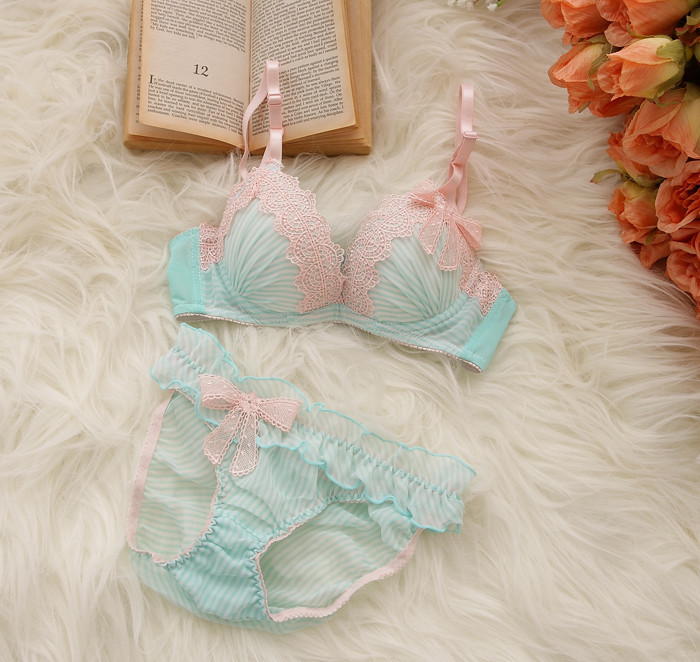 cotton stripe lace bra & panties set push up lingerie young girl cute sexy comfortable underwear bra set()