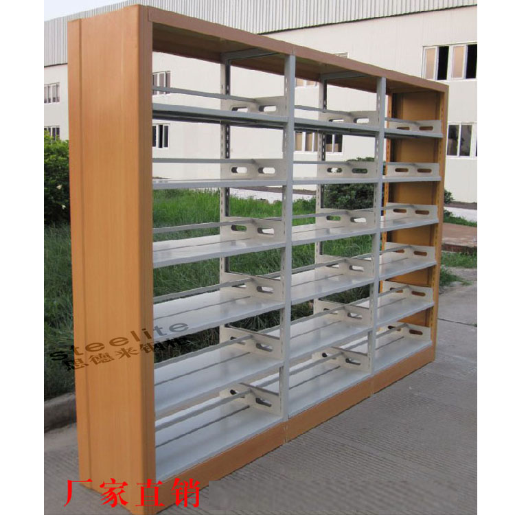 Double Side Plate Wooden Library Bookshelf Wrought Iron Magazine