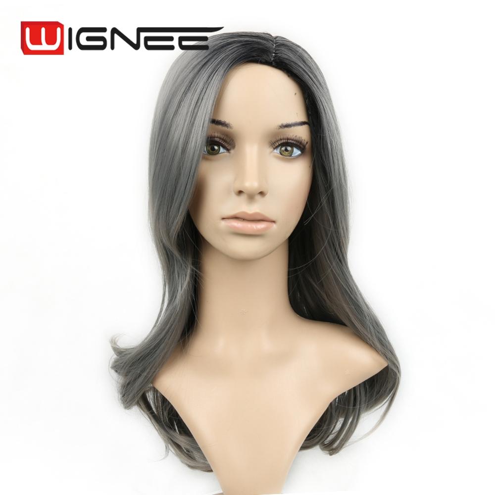 Ombre Black Grey Color Synthetic Hair Wigs 24 Inches Cute Side