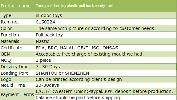 Funny children toy plastic pull back candy truck