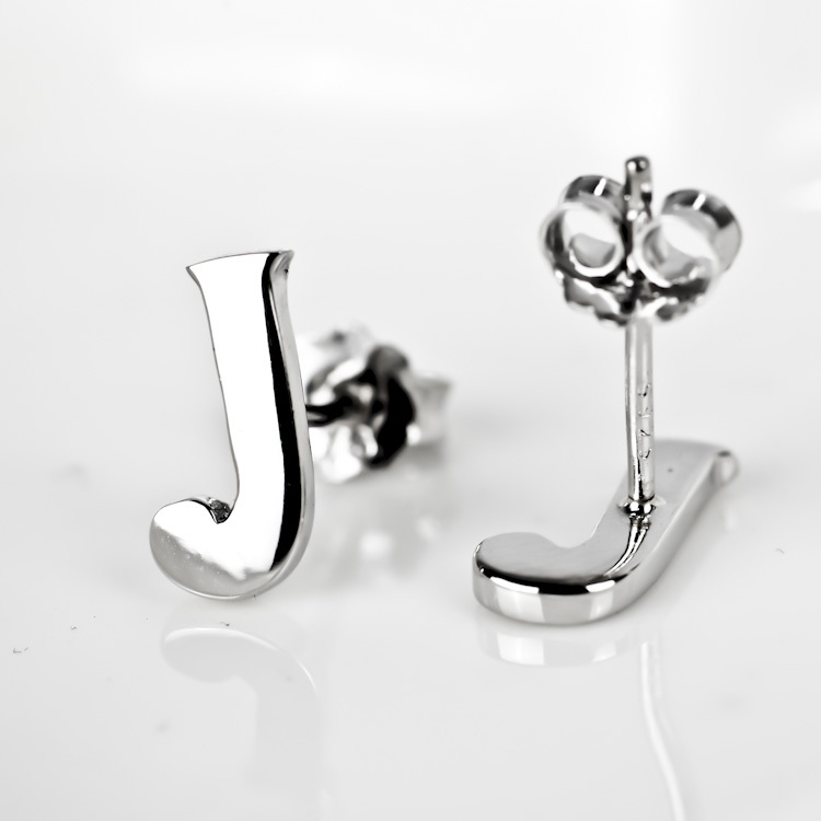 Sterling Silver Initial Earrings With White Gold Plated Letter J