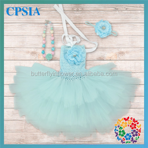 Aqua Tulle Fluffy 3 layers New Model Girl Dress & Necklace & Flower Set New Stylish Flower Girl Dress Of 9 Years Old仕入れ・メーカー・工場